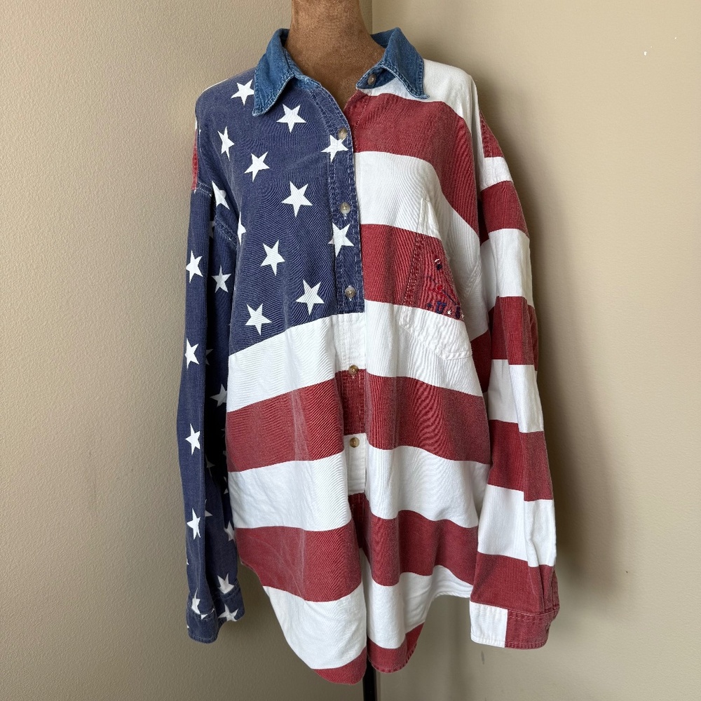 Vintage American Flag Button Down Shirt Womens Plus 28 USA Top Y2K CST Blues